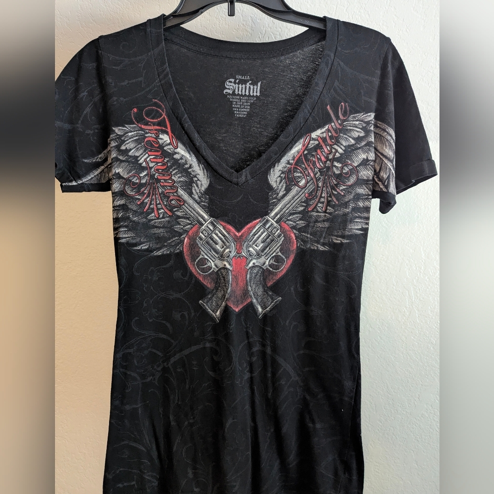 Sinful Black Graphic Tee, Size Small